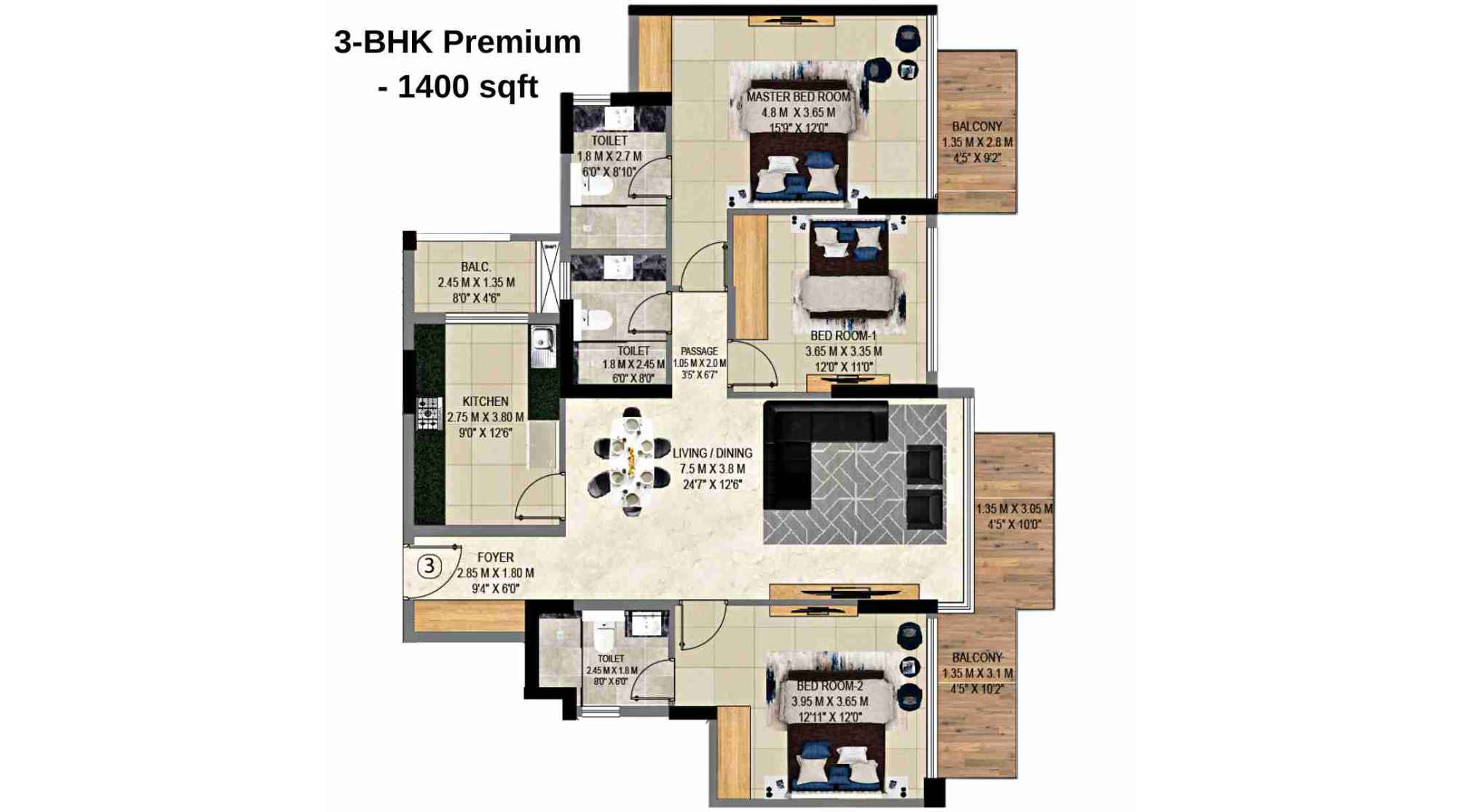 9PBR-Floor-Plan-C1-3-BHK-Premium-1400-sqft